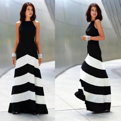 Black And White Stripe Mosaic Fashion Long Dress..