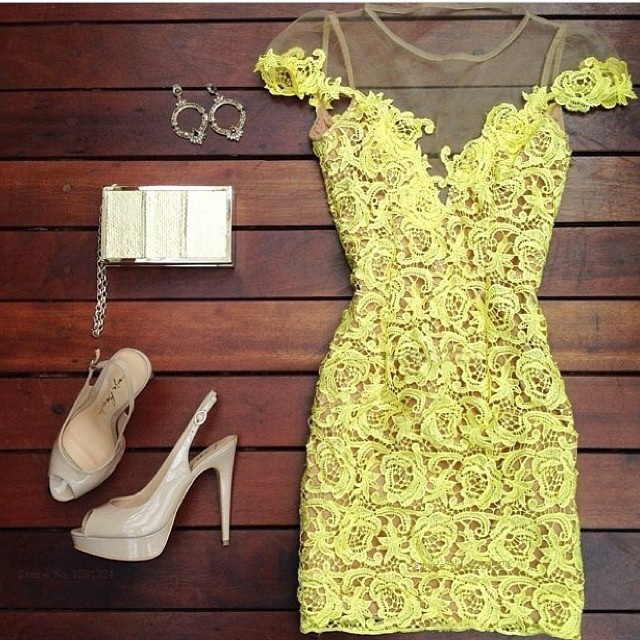 Hollow Perspective Yellow Lace Dress