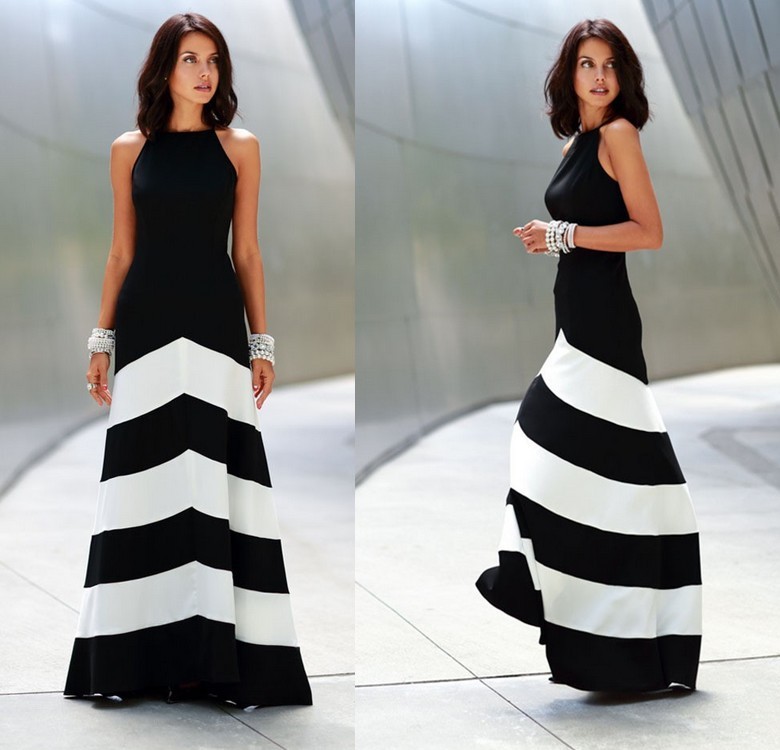 Black And White Stripe Mosaic Fashion Long Dress #svdfs